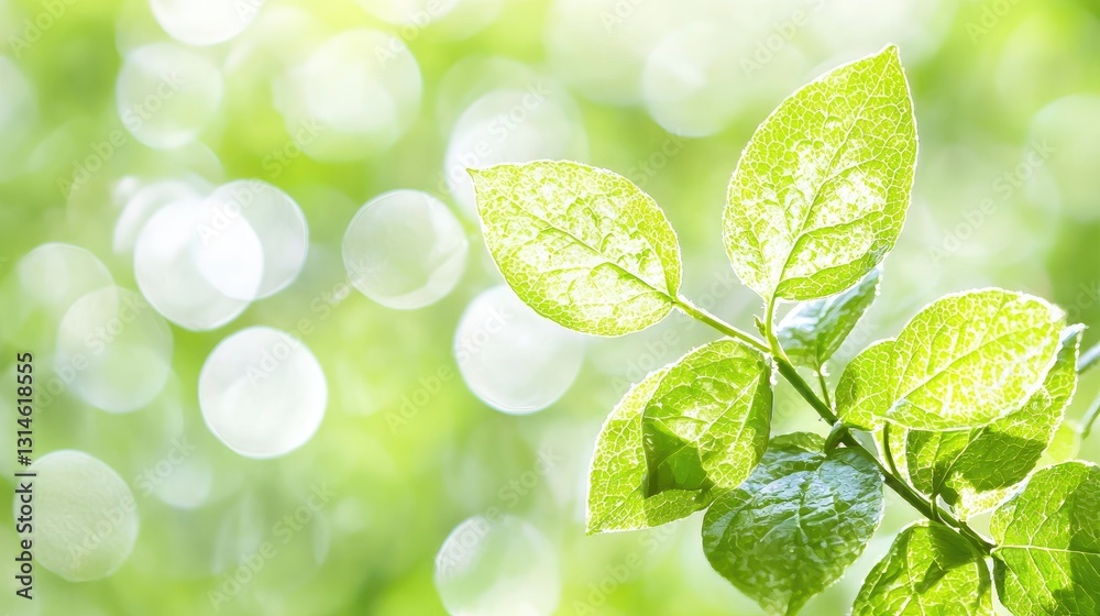 Sunlit green leaves, spring nature, bokeh background, eco banner Sunlit green leaves, spring nature, bokeh background, eco banner