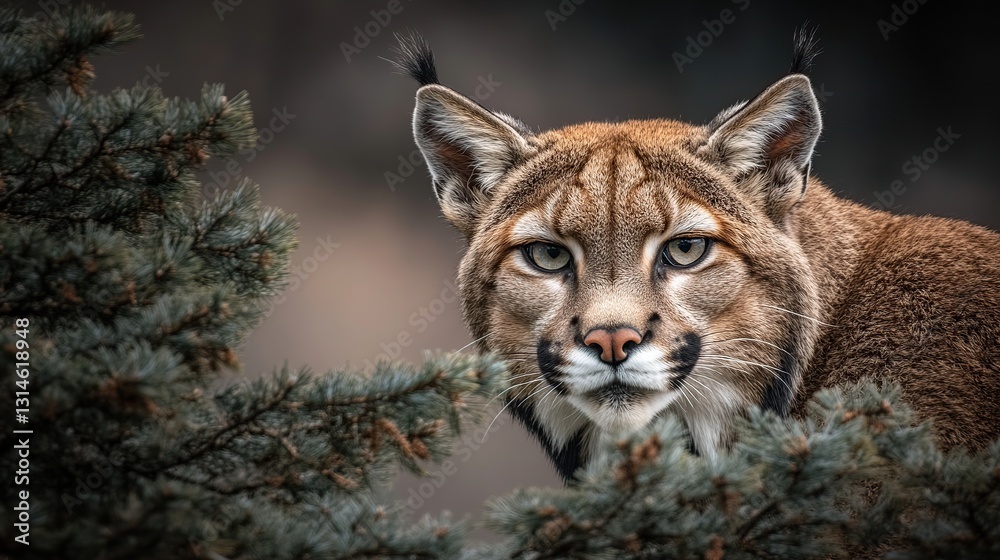 Fototapeta premium Bobcat staring, conifer background, wildlife portrait, nature reserve