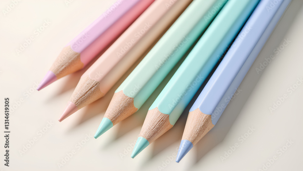 A close-up of pastel-colored pencils arranged neatly, showcasing their pointed tips against a soft, light background. A close-up of pastel-colored pencils arranged neatly, showcasing their pointed tips against a soft, light background.