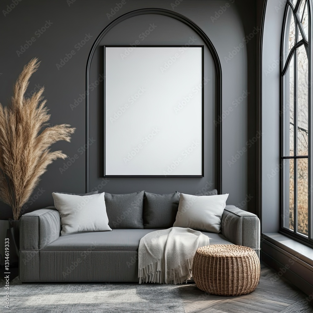 Fototapeta premium Modern dark living room with empty frame, pampas grass, and cozy sofa