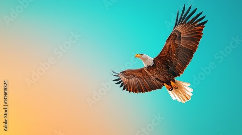 Majestic Bald Eagle in Flight Against Vibrant Colorful Sky