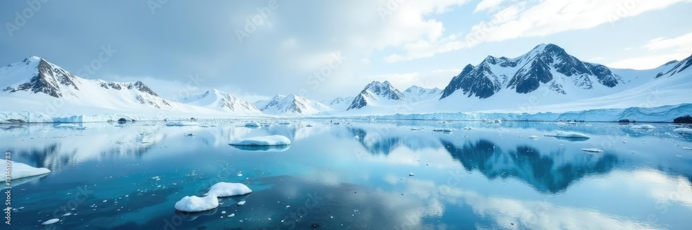 Fototapeta premium Majestic frozen lake nestled between icy mountains and glaciers in Ilulissat's breathtaking icecap, arctic, isolated