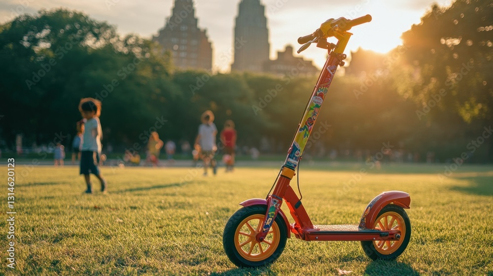 Red scooter in park at sunset with children playing in background. Red scooter in park at sunset with children playing in background.
