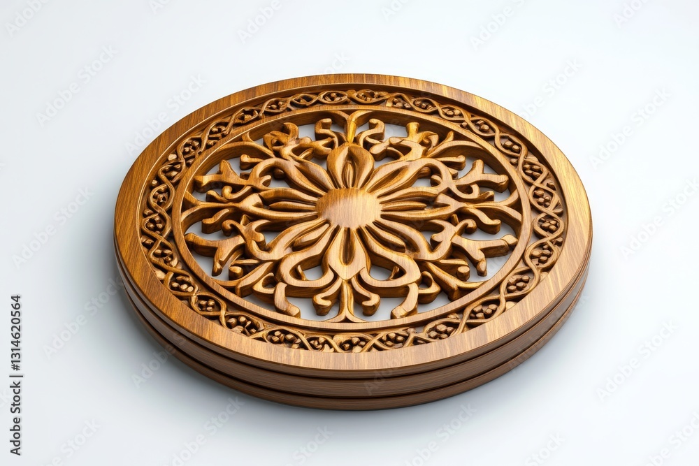 Intricate Wooden Carving with Floral Design and Geometric Patterns Intricate Wooden Carving with Floral Design and Geometric Patterns