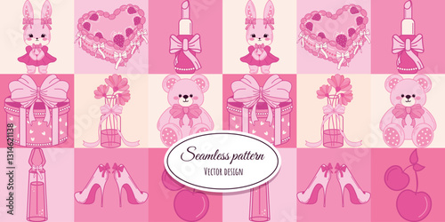 Seamless pattern, fashionable background, drawing with flirty elements. Vector, vintage design for fabric, wallpaper, wrapping paper and more.