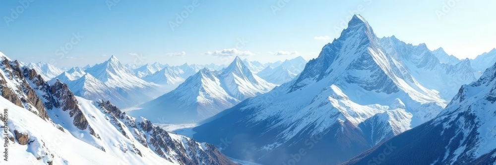 Fototapeta premium Majestic mountain range with snowy peaks and valleys, frozen, natural