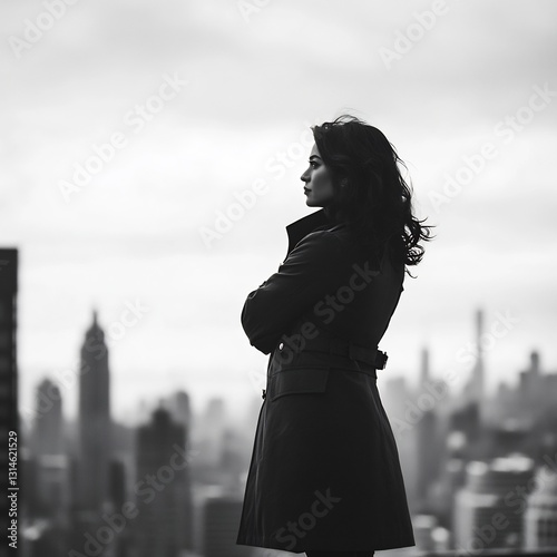 powerful woman in oversized trench coat on rooftop helipad with skyline
