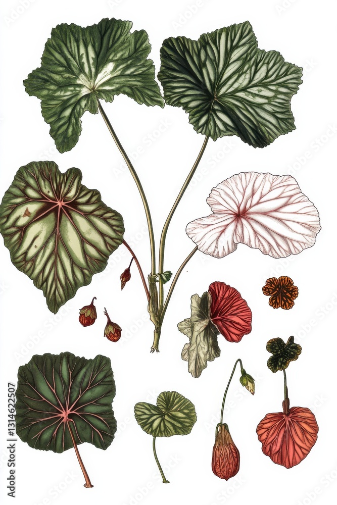 Fototapeta premium Illustration showcasing various parts of a begonia plant with detailed leaf and flower depictions