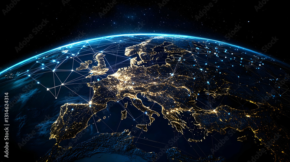 Obraz premium Planet Earth At Night Showing Illuminated Europe From Space With Stars In Background