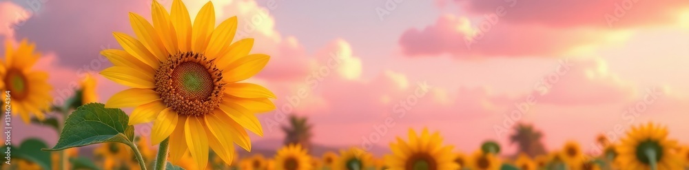 Fototapeta premium Majestic sunflower dominates the scene with its bright yellow petals against a backdrop of soft pink clouds, sunflowers, flowers