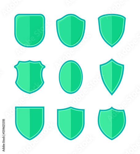 set collection of green shields with teal outlines, perfect for cybersecurity companies, technology firms, or data protection services seeking a modern logo design.