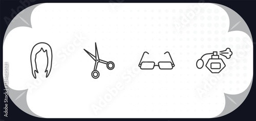 outline icons set - woman clothing concept. hair wig, scissors inverted view, reading eyeglasses, parfum bottle.