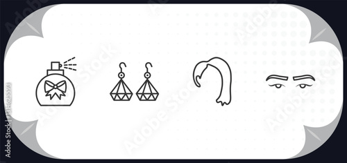 outline icons set - woman clothing concept. perfume, dangling earrings, hair wig with side, eyebrow.