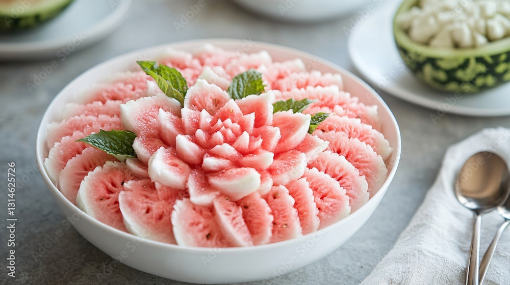 Beautifully Carved Watermelon Arrangement with Mint Leaves in a Decorative Bowl on Light Background Beautifully Carved Watermelon Arrangement with Mint Leaves in a Decorative Bowl on Light Background