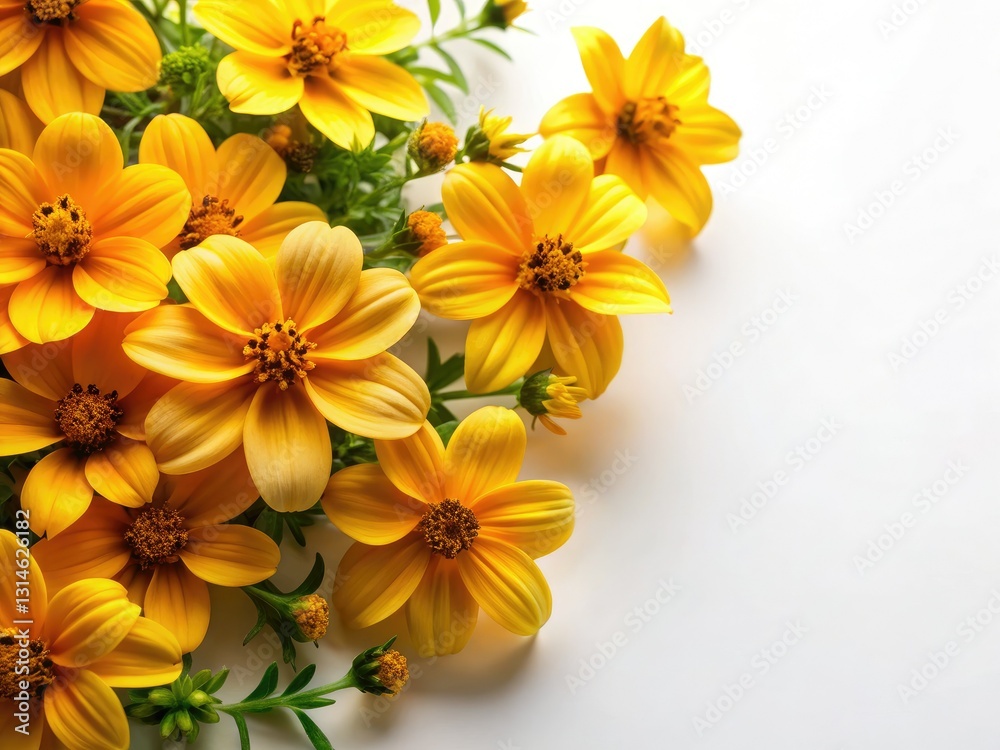 Obraz premium Flat Lay Bidens Golds Flowers, White Background, Product Photography, Floral Arrangement, High Angle Shot
