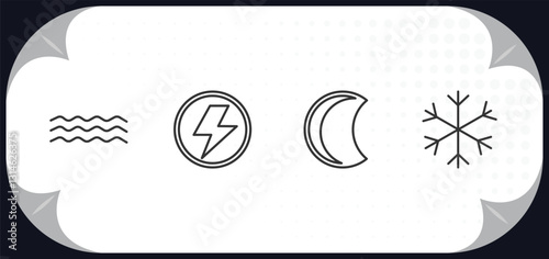 outline icons set - weather concept. mist, light bolt, waning moon, snow.