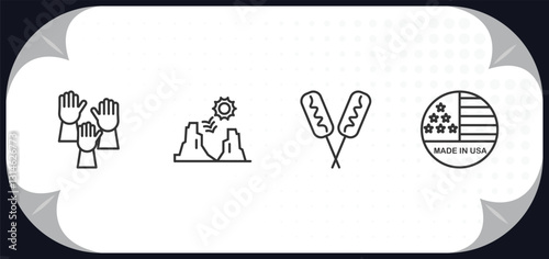 outline icons set - united states of america concept. democracy, grand canyon, corndog, made in usa.