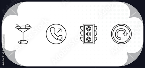 outline icons set - ultimate glyphicons concept. cocktail glass, phone call outcoming, big traffic light, reload circular arrow.