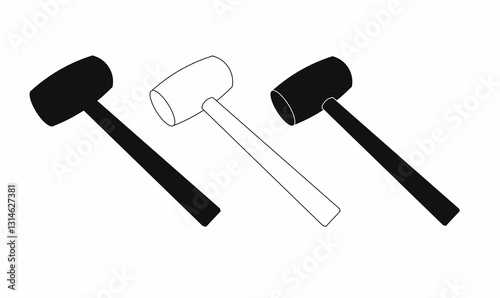 A set of rubber mallet hammer icons in solid and outline styles. Perfect for construction, woodworking, and repair designs. Ideal for logos, prints, and vector illustrations