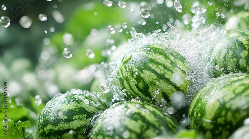 Fresh Watermelons Splashing in Water with Green Leaves in the Background on a Sunny Summer Day