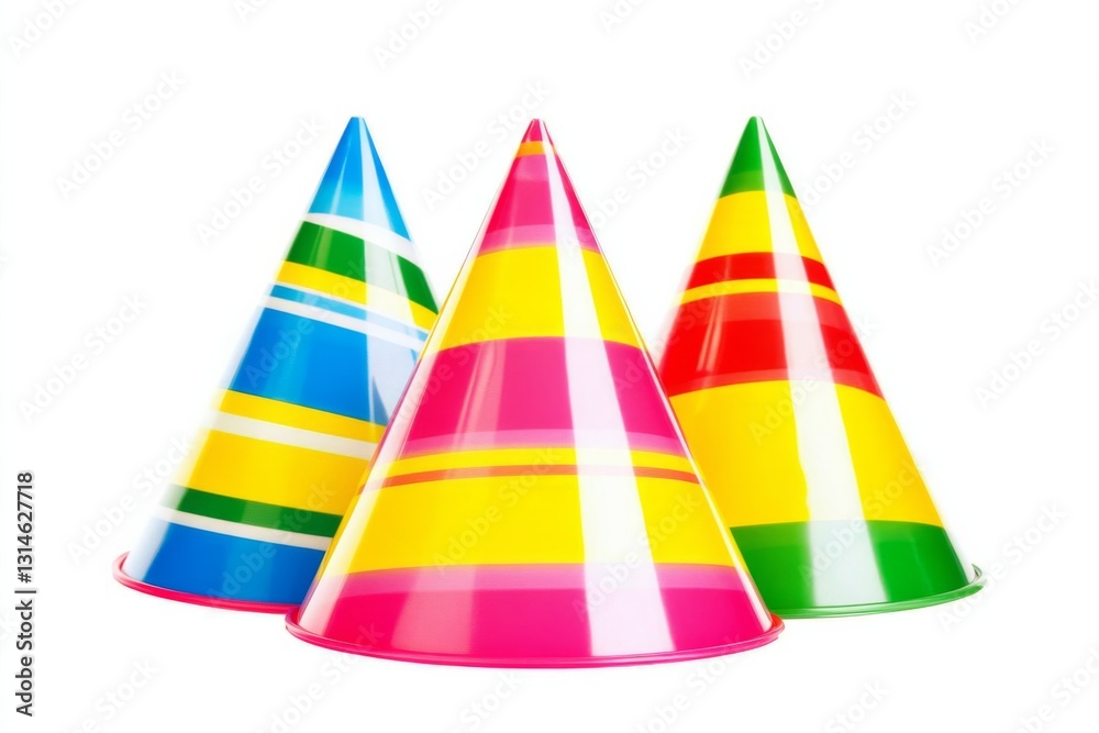 Vibrant Cone-Shaped Party Hats with Colorful Stripes on White Background