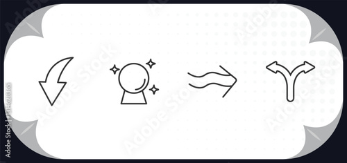 outline icons set - user interface concept. curved downward arrow, psychic, undulating arrow, bifurcation.