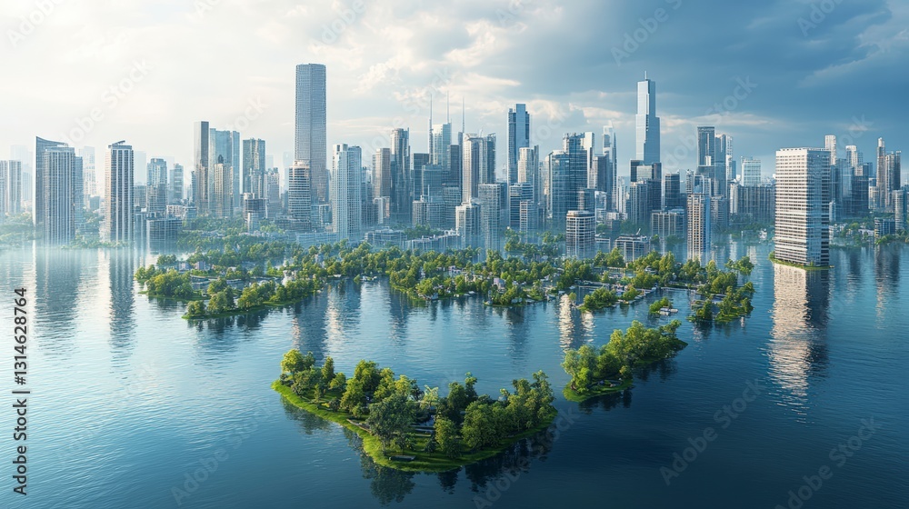Naklejka premium Futuristic City Partially Submerged Aerial View of Modern Skyscrapers
