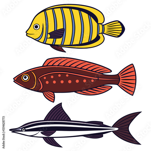 Vector Silhouettes of Butterflyfish, Eel, Rockfish, and Flying Fish