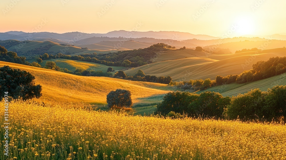 Fototapeta premium Golden Hour Landscape Rolling Hills and Grassy Meadows at Sunset