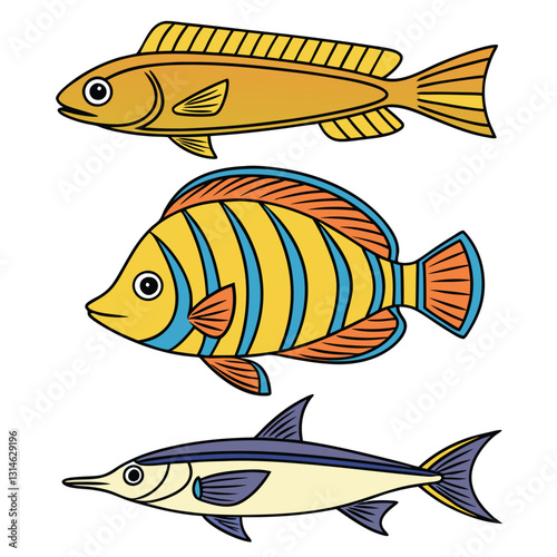 Collection of Marine Silhouettes Butterflyfish, Eel, Rockfish, and Flying Fish