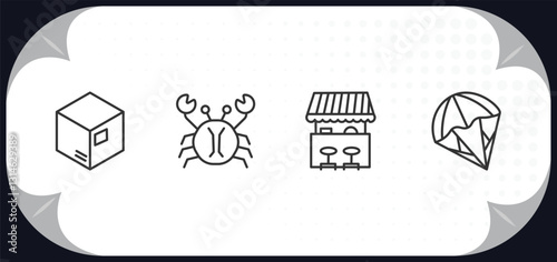outline icons set - travel concept. packing, crab, food stand, parasailing.