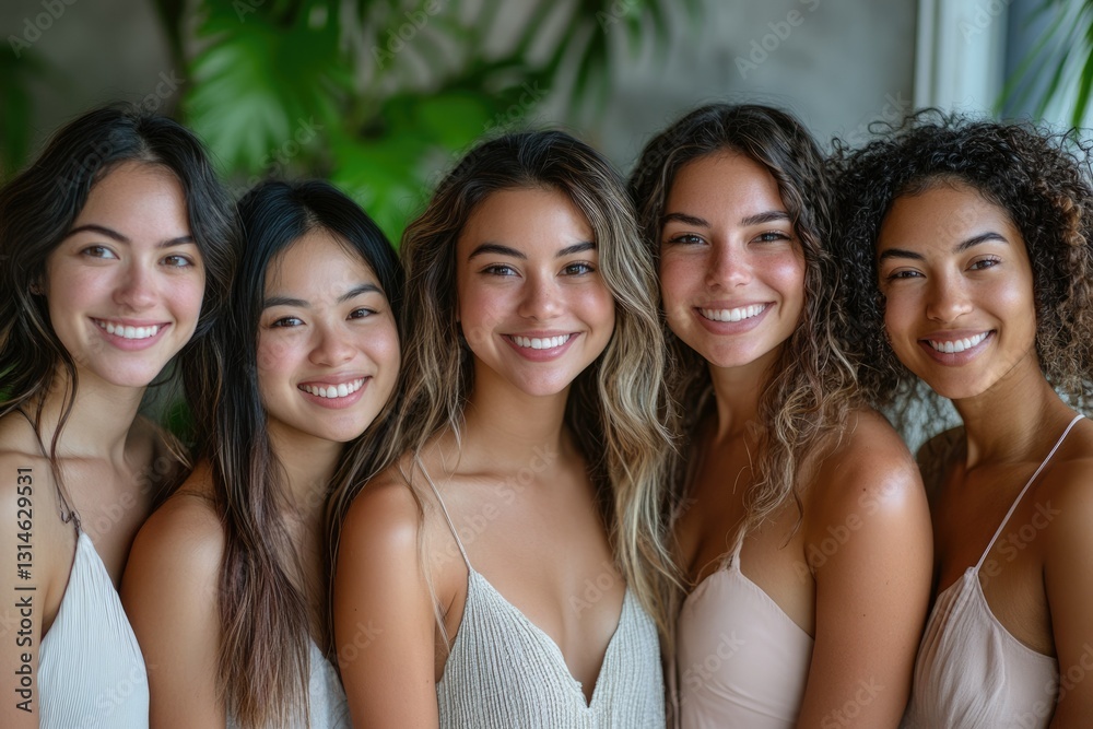 Fototapeta premium Five young women with diverse ethnicities stand together, smiling warmly at the camera.