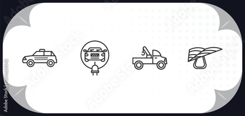 outline icons set - transportation concept. taxi, electric car, tow truck, hang glider.