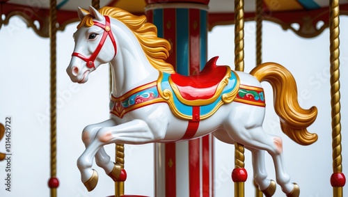Close-up view of a plastic horse from carousel horses or merry-go-round set against a white background.