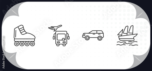 outline icons set - transportation concept. inline skates, airport shuttle, suv, schooner.
