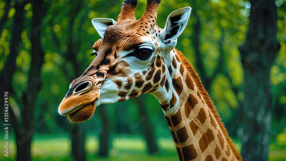 Obraz premium Close-up of a giraffe in front of some green foliage.