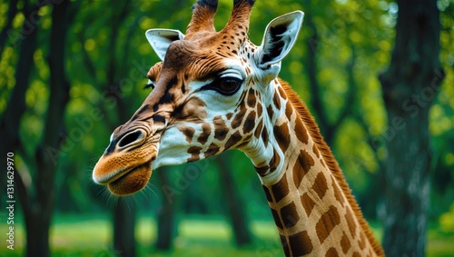 Close-up of a giraffe in front of some green foliage.
