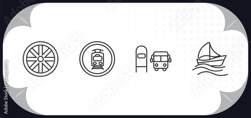 outline icons set - transport concept. alloy wheel, tram stop label, scholar bus stop, sailing.