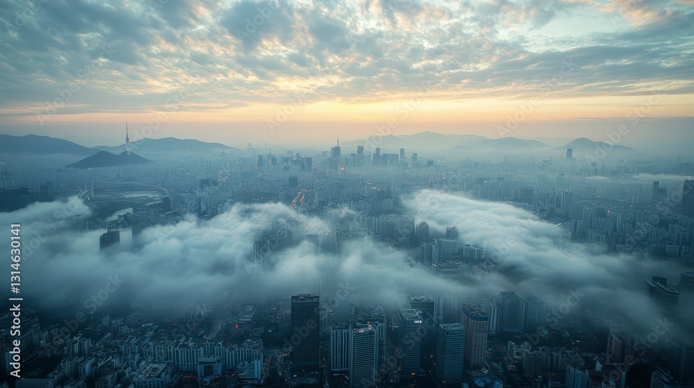Obraz premium Misty City Sunrise Aerial View of Urban Landscape at Dawn High