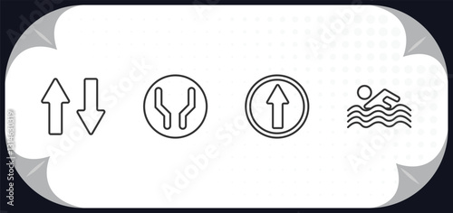 outline icons set - traffic signs concept. way road, wide road, straight, swimming.
