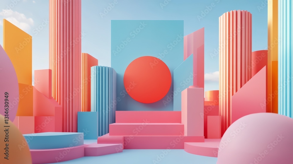 Fototapeta premium Pastel Geometric Cityscape Abstract 3D Render of Colorful Shapes and