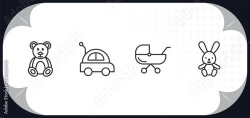 outline icons set - toys concept. teddy bear toy, car toy, pram toy, bunny