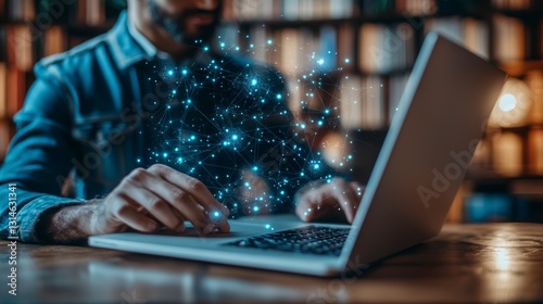 Person Working On Laptop With Glowing Network Connections In Library