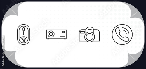 outline icons set - technology concept. wireless mouse, cinema projector, reflex photo camera, reciever.