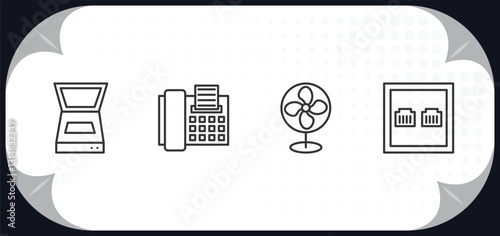 outline icons set - technology concept. scanner with cover, telephone with fax, ventilator, telephone connector.