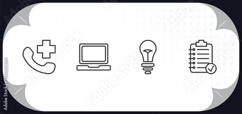 outline icons set - technology concept. hospital phone, laptop frontal monitor, old light bulb, summary.