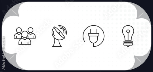 outline icons set - technology concept. customers, satellite station, basic plug, light bulb turned off.