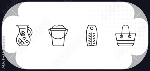 outline icons set - summer concept. sangria, sand bucket, bodyboard, beach bag.