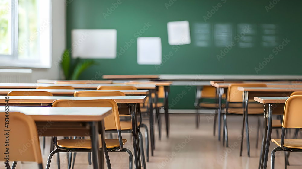 Classroom Interior with Rows of Empty Desks and Green Chalkboard in a School Learning Environment with Natural Light
