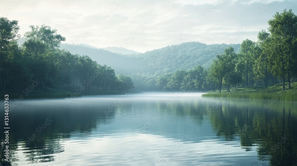 A serene landscape featuring a calm river surrounded by lush greenery and misty mountains in the background, evoking tranquility and natural beauty. A serene landscape featuring a calm river surrounded by lush greenery and misty mountains in the background, evoking tranquility and natural beauty.